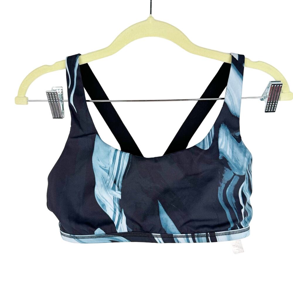 Spanx Black & Blue Swirl Print Stretch Pad Less Thick Strap Sports Bra Sz Medium